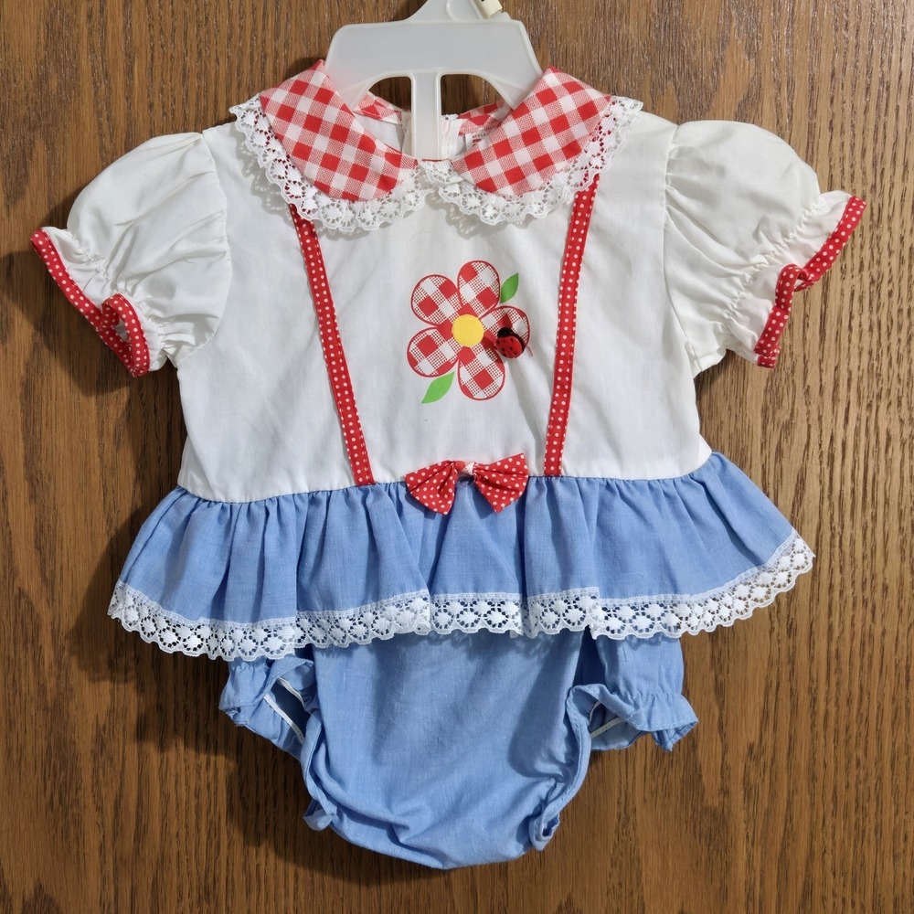 Vintage Catton Candy BabyGirl 2 Pc Romper Red White Blue Flower Lace Gingham 0-6